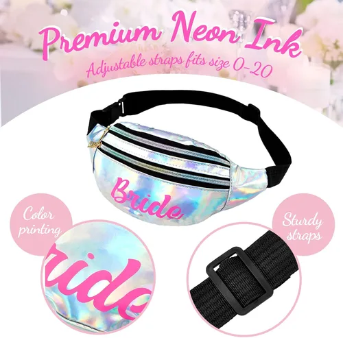 Vista 3 de Riñonera holográfica para despedida de soltera, 12 unidades con cinturón ajustable para boda y novia con cinturón ajustable, Blanco, rosa