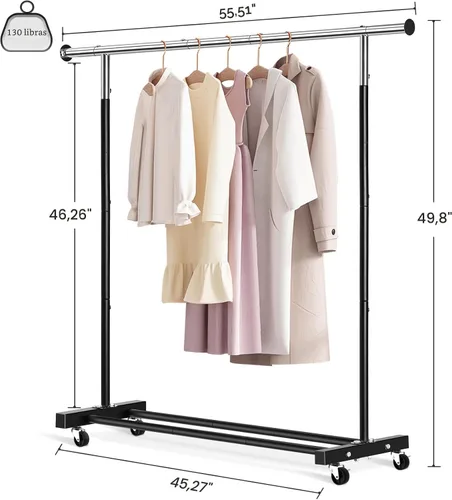 Vista 5 de VICERII Perchero para ropa, perchero resistente de 55.51 pulgadas con ruedas y estante inferior, con capacidad de 130LB, percheros para colgar ropa