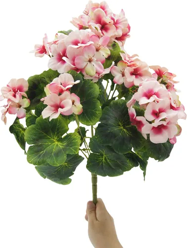 Vista 4 de 2 piezas de geranios artificiales de 18 pulgadas para exteriores, flores de geranio de seda, resistentes a los rayos UV, color rosa para bodas