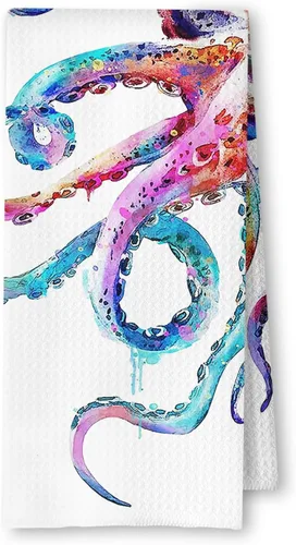 Vista 11 de Toallas de mano de playa costera con diseño de medusa, pulpo, caballito de mar y tortuga para baño, juego de 4, toallas de cocina de playa costera