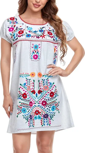 Vista 4 de YZXDORWJ Vestido bordado mexicano de manga corta para mujer