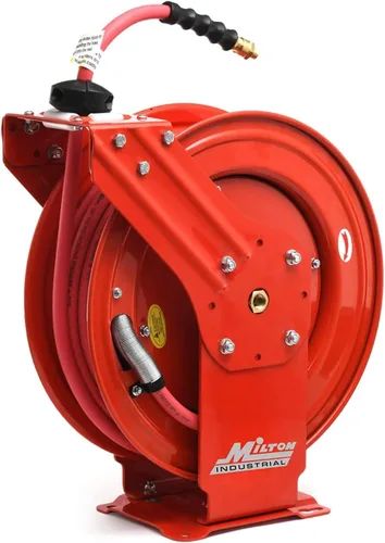 Vista 2 de MILTON Carrete de manguera de aire resistente con brazo doble de acero auto-retráctil, rojo - 2770-50D y 2760-3LH manguera líder de aire, manguera
