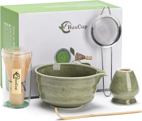 Vista 13 de Buucup Juego de matcha, 5 piezas de aguacate verde matcha con cuenco en forma de corazón con boquilla, batidor de bambú, cuchara, tamiz y soporte