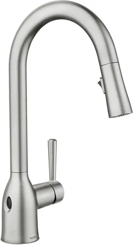 Vista 22 de Moen Adler Grifo de fregadero de cocina cromado de un solo mango con arco alto y fuerza de limpieza, llave de cocina moderna con rociador extraíble