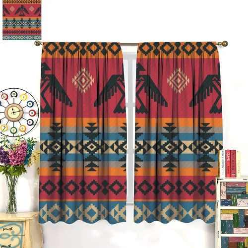 Vista 98 de Cortinas con patrón geométrico tribal, estilo suroeste, azteca, rústico, occidental, nativo americano, opacas, con bolsillo para barra, decoración
