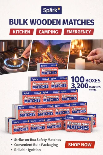 Vista 2 de Spark Paquete de 100 fósforos de seguridad de madera – 32 unidades de huelga en caja para cocina, camping, emergencia, iniciador de incendios