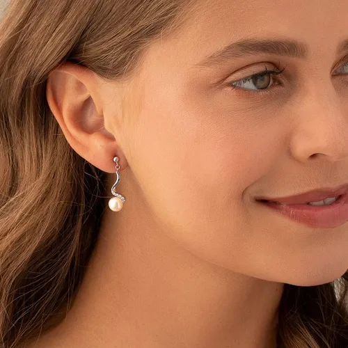 Vista 2 de Peora Sterling Silver Freshwater Cultured White Pearl Pendant Necklace and Earrings, Spiral Drop Design