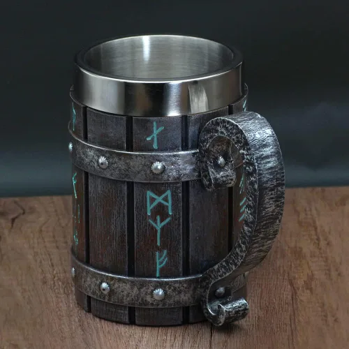 Vista 5 de GuoShuang Decoración nórdica de acero inoxidable de madera viking café fresco taza viking regalo para hombres taza de cerveza stein