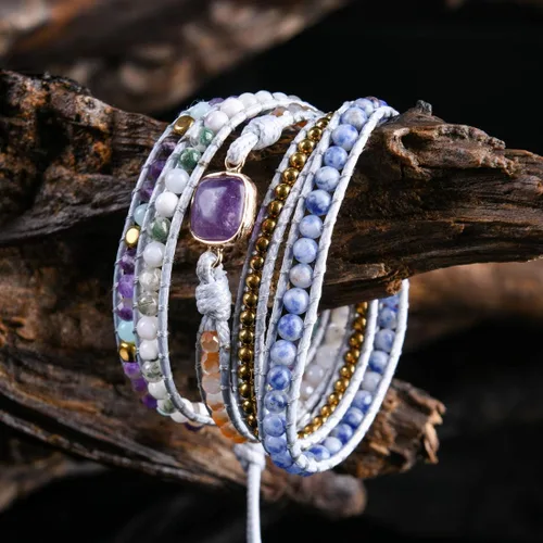 Vista 6 de YGLINE Pulsera de 5 envolturas de cera curativa con cuentas de piedra natural, Piedra