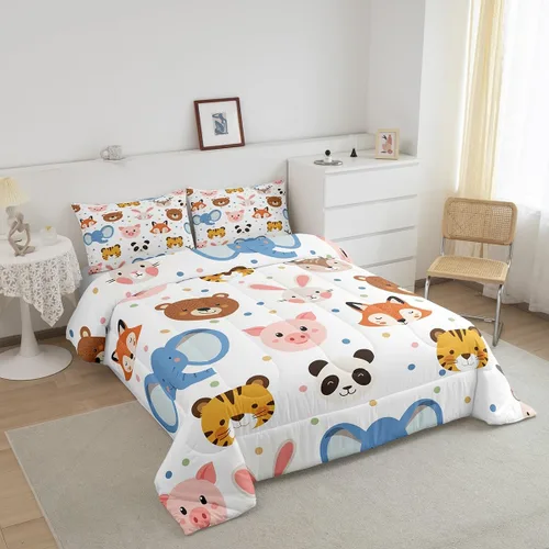 Vista 3 de Feelyou Juego de edredón de animales de zoológico, tamaño individual, juego de ropa de cama de animales de dibujos animados para niños, niñas