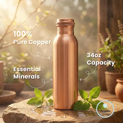 Vista 3 de 100% Real Copper Water Bottle Set of 2 (34 oz / 1 Liter Each), Hammered & Plain Finish Pure Copper Drinking Bottles with Leak Proof Lids, Durable