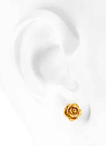 Vista 2 de Aretes de oro amarillo macizo de 14 quilates con diseño de flor de rosa, estilo hecho a mano, 38 pulgadas con poste y parte trasera de fricción