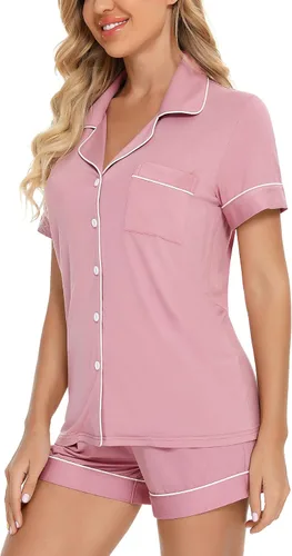 Vista 4 de Gepansis Conjunto de pijama de manga corta con botones para mujer, conjunto de pijama de 2 piezas