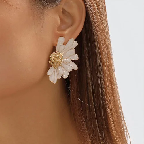 Vista 3 de Aretes colgantes de media flor para mujeres y niñas, chapados en oro de 14 quilates, multicolor, esmaltados, grandes margaritas, girasoles