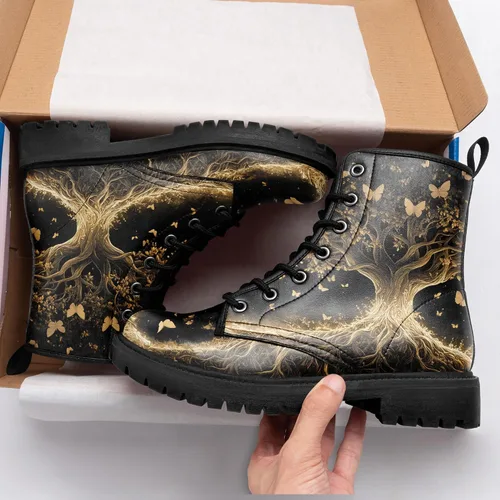 Vista 2 de Botas de Combate Florales de Setas para Mujer - Botas Góticas de Bosque Witchcore Tacón Grueso Cuero Vegano Moda con Cordones Botines Negros