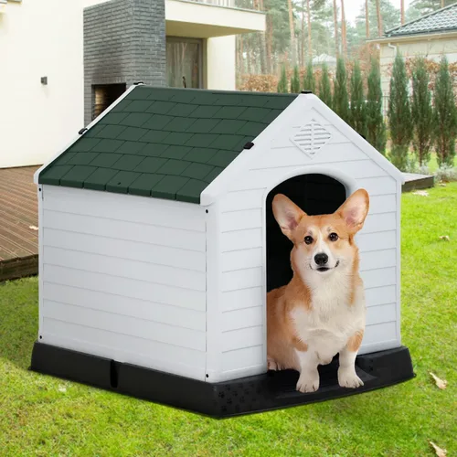 Vista 8 de Casa para perros para interiores y exteriores, impermeable, ventilada, de plástico, jaula de refugio para mascotas con ventilación y suelo elevado