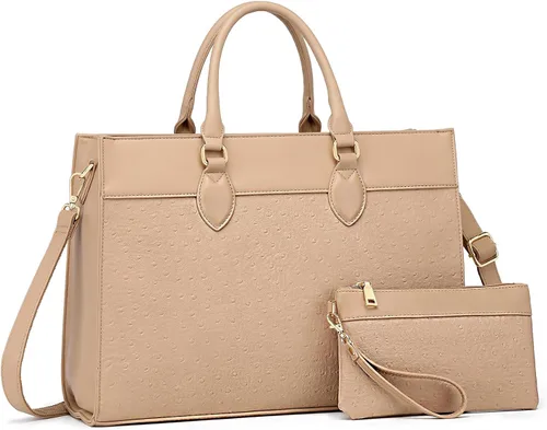 Vista 9 de BOLOSTA Bolsa para laptop para mujer, bolsa de trabajo de 15.6 pulgadas para mujer, bolsa grande de cuero impermeable para computadora con bolso