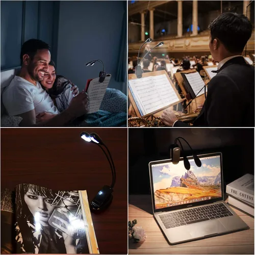 Vista 6 de Luz de soporte de música, paquete de 1/2/4/10 luces LED de libro, funciona con batería USB y AAA, lámpara de lectura en la cama, 4 niveles