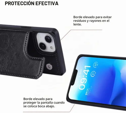 Vista 6 de iCoverCase Funda compatible con iPhone 14 Plus con tarjetero para mujer, bloqueo RFID en relieve, piel sintética con correa de muñeca de 6.7 H-Negro