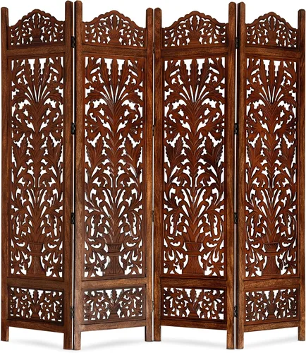 Vista 11 de Lightnpro - Divisor plegable con bisagras de madera con diseño de corazón de madera, 4 paneles con diseños intrincadamente tallados, premontado