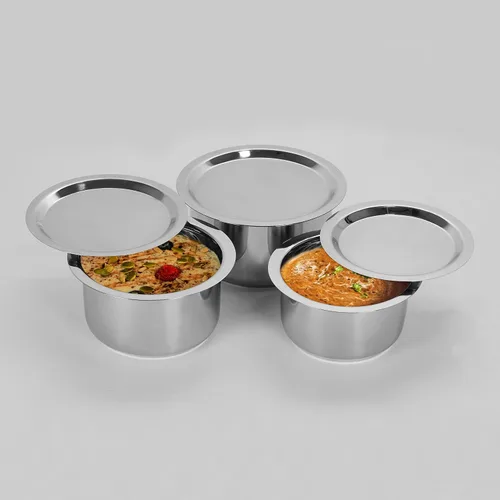 Vista 2 de Sumeet Juego de utensilios de cocina de acero inoxidable con tapa, 1L, 1.4L, 1.8L, 3 piezas (blanco)