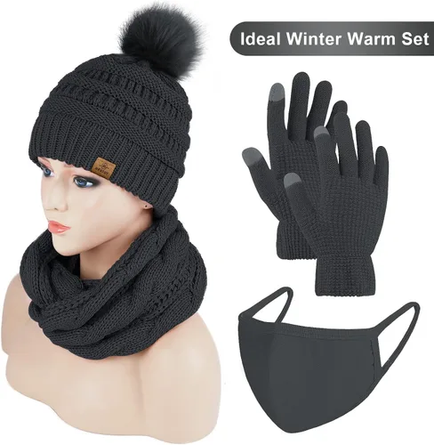 Vista 5 de URATOT Conjuntos de punto cálido de invierno, gorro de punto, bufanda, cubierta facial, guantes para pantalla táctil, para hombres y mujeres