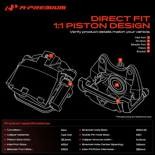 Vista 3 de Conjunto de Pinza de Freno de Disco A-Premium con Soporte Compatible con Modelos Subaru - Forester 2009-2013, Impreza 2008-2014, WRX 2012-2021