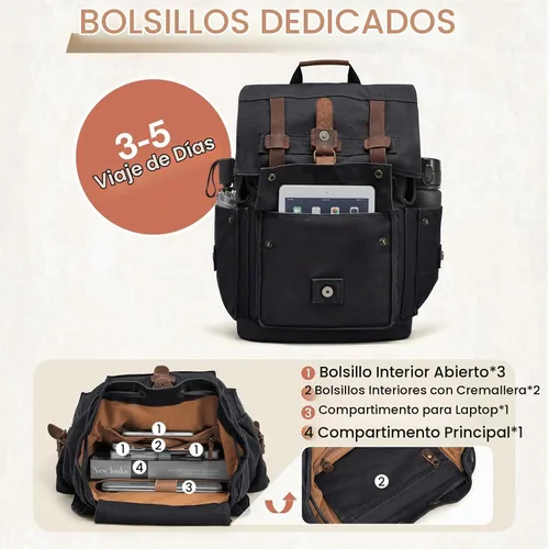 Vista 5 de Kattee Mochila de lona de cuero para hombre, mochila grande para escuela Negro