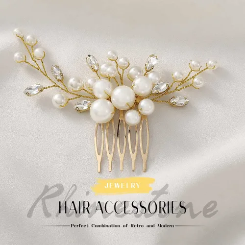 Vista 3 de Evild Clip de pelo nupcial de la perla Peine del pelo de la boda del Rhinestone del oro Accesorios para el cabello para Dorado