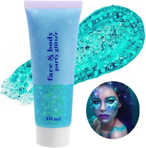 Vista 30 de Go Ho Brillantina azul para rostro y cuerpo, pintura facial azul de Halloween, gel brillante de sirena, lentejuelas gruesas holográficas para ojos