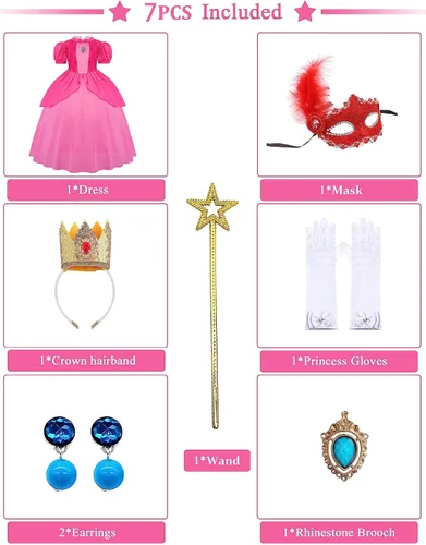 Vista 2 de Avady Princess Peach Costume for Girls Super Brother Kids Cosplay Costume Birthday Party Halloween Dress Up with Accessories
