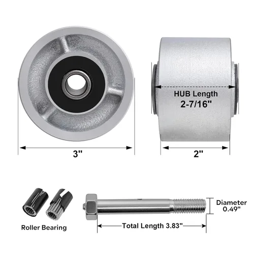 Vista 2 de Ruedas industriales de 3" x 2", rueda de hierro fundido de acero – Rueda de servicio pesado – Capacidad de 800 libras cada una, rodamiento