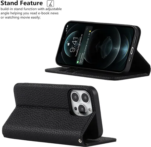 Vista 5 de iCoverCase Funda tipo cartera compatible con iPhone 13 Pro Max con tarjetero y correa para la muñeca, bloqueo RFID, funda magnética para teléfono