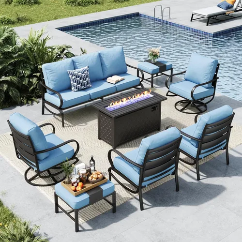 Vista 55 de MFSTUDIO Juego de 4 piezas de conversación para patio, marco de metal para todo tipo de clima, muebles de exterior con 1 mesa rectangular de propano