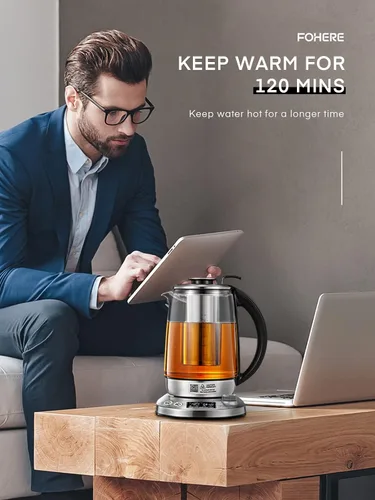 Vista 7 de Hervidor de té eléctrico, hervidor de vidrio con 9 ajustes preestablecidos de control de temperatura, tetera de 1200 W con infusor extraíble, 2