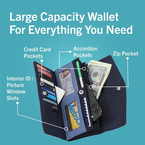 Vista 3 de Nautica Money Manager RFID - Cartera delgada y pequeña para mujer - Porta tarjetas de crédito con monedero y cartera con cremallera, organizador