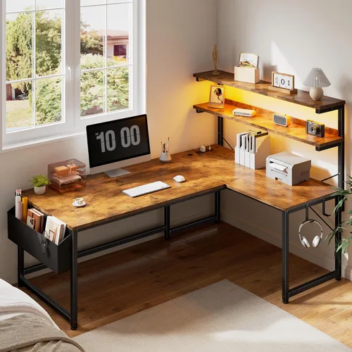 Vista 14 de DurayLoly Escritorio en forma de L para juegos con luz LED y toma de corriente, escritorio reversible en forma de L para computadora de 43.3
