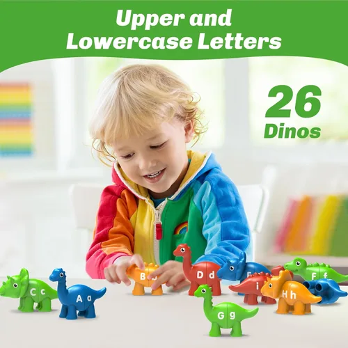 Vista 4 de 26 piezas de juguetes de aprendizaje del alfabeto de dinosaurios para niños de 3 a 5 años, juego de emparejamiento ABC de doble cara con mayúsculas