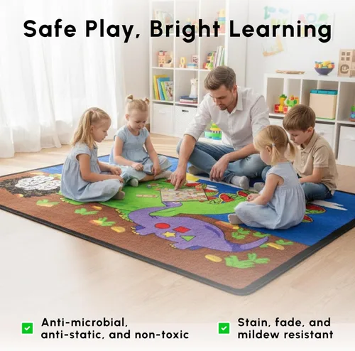 Vista 5 de SAFECASTLE Dino Land - Alfombra educativa para niños, 4 pies 4 pulgadas x 5 pies 6 pulgadas, alfombra de área de dinosaurio con alfabeto y números