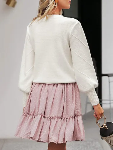 Vista 3 de Miessial Suéter de otoño con cuello redondo para mujer, lindo suéter de punto grueso de manga larga abombada con pompón