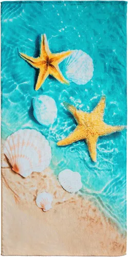 Vista 2 de Softerry Starfish & Seashells - Toalla de playa (30 x 60 pulgadas), 100% algodón, color azul y arena