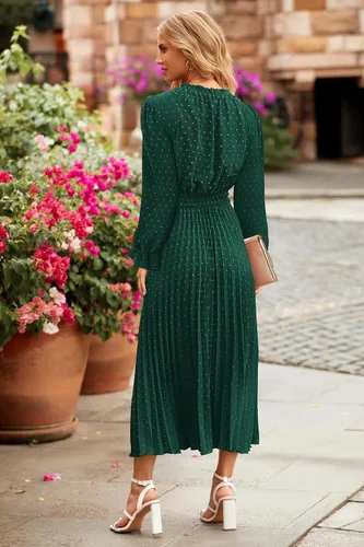 Vista 2 de PRETTYGARDEN Vestido midi de otoño 2024 para mujer, casual, manga larga, cuello en V, lunares suizos, plisado, acampanado, vestidos fluidos