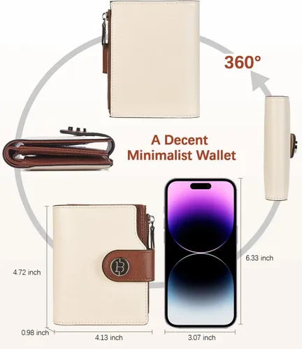 Vista 6 de BOSTANTEN - Billetera de cuero para mujer, pequeña, con bloqueo RFID, de dos pliegues, bolsillo con cremallera, tarjetero con ventana para 1-beige