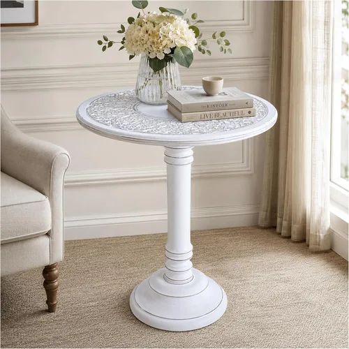 Vista 22 de Mesa auxiliar de madera de mango tallada a mano – Mesa auxiliar redonda de pedestal de 18 x 22 pulgadas para sala de estar, mesita de noche