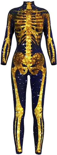 Vista 25 de Sister Amy Disfraz de esqueleto de calavera para mujer de Halloween, traje ajustado de una pieza J-colorido esqueleto