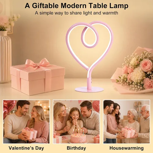 Vista 9 de Lámpara de Mesa Rosa, Lámpara de Escritorio Corazón Ajustable Sin Escalas 3CCT 2700K/4000K/6500K con Adaptador USB, Pequeña Lámpara de Noche