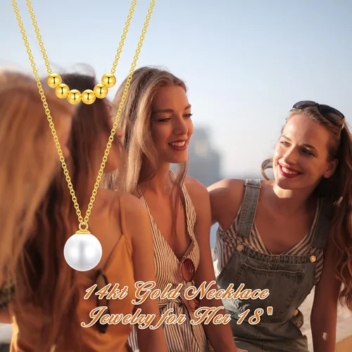 Vista 6 de Collar con capas de perlas de agua dulce de oro macizo de 14 quilates para mujeres, bolas de oro con cable de cadena gargantilla colgante joyería