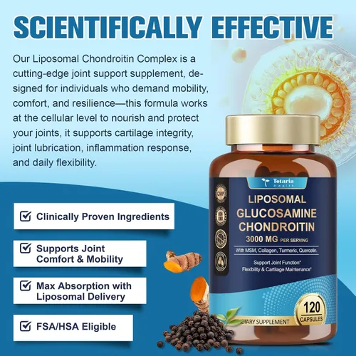 Vista 5 de Totaria Glucosamina liposomal condroitina MSM colágeno 3000 mg Suplemento de apoyo articular apoyo a la salud ósea flexibilidad y mantenimiento