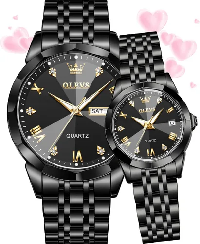 Vista 8 de OLEVS Reloj para parejas para él y ella, reloj analógico de cuarzo para hombres y mujeres, de acero inoxidable, impermeable, luminoso, fecha, reloj