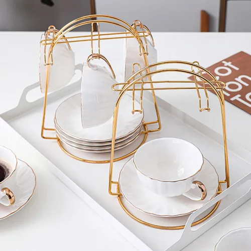 Vista 6 de Soporte de exhibición de taza de té y platillo, soporte de metal para tazas de té, soporte para tazas de té, organizador de tazas de café dorado